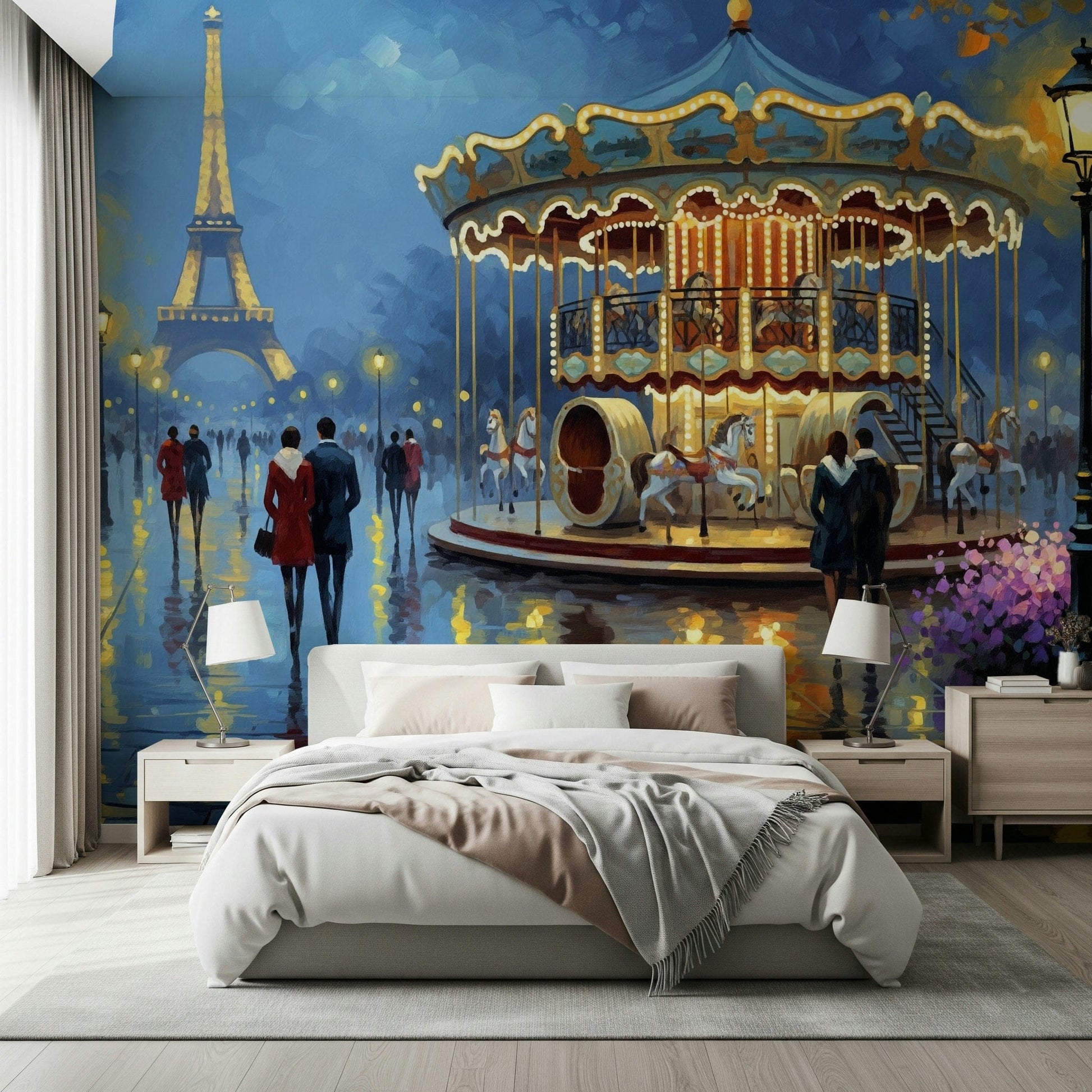 Parisian Carousel Dreams wallpaper mural of the Paris carousel at night behind a white bed and wood nightstands