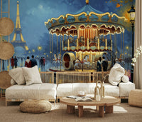 Parisian Carousel Dreams wallpaper mural of a Paris night carousel behind a cream sofa and round wood table