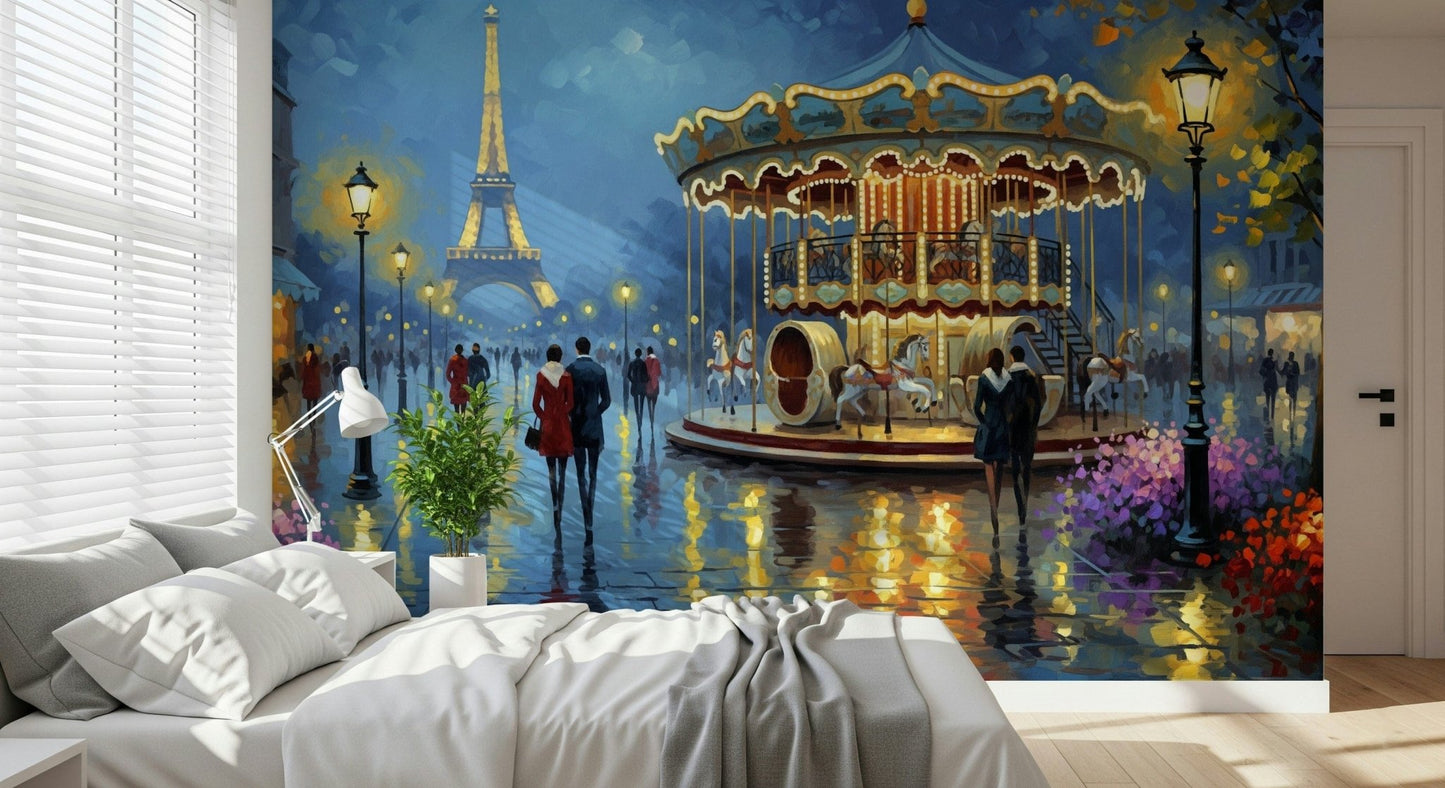 Parisian Carousel Dreams wallpaper mural of the lit carousel and Eiffel Tower behind a white bed in a bedroom