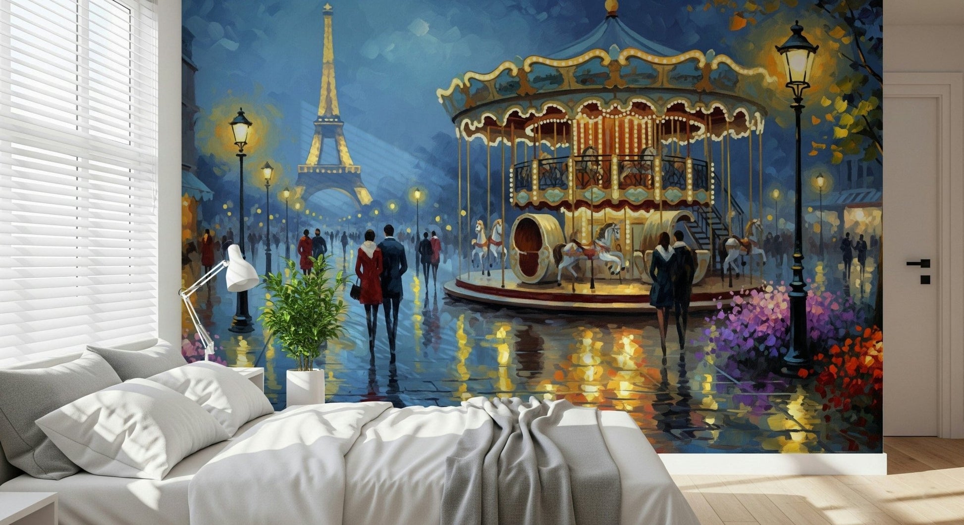 Parisian Carousel Dreams wallpaper mural of the lit carousel and Eiffel Tower behind a white bed in a bedroom