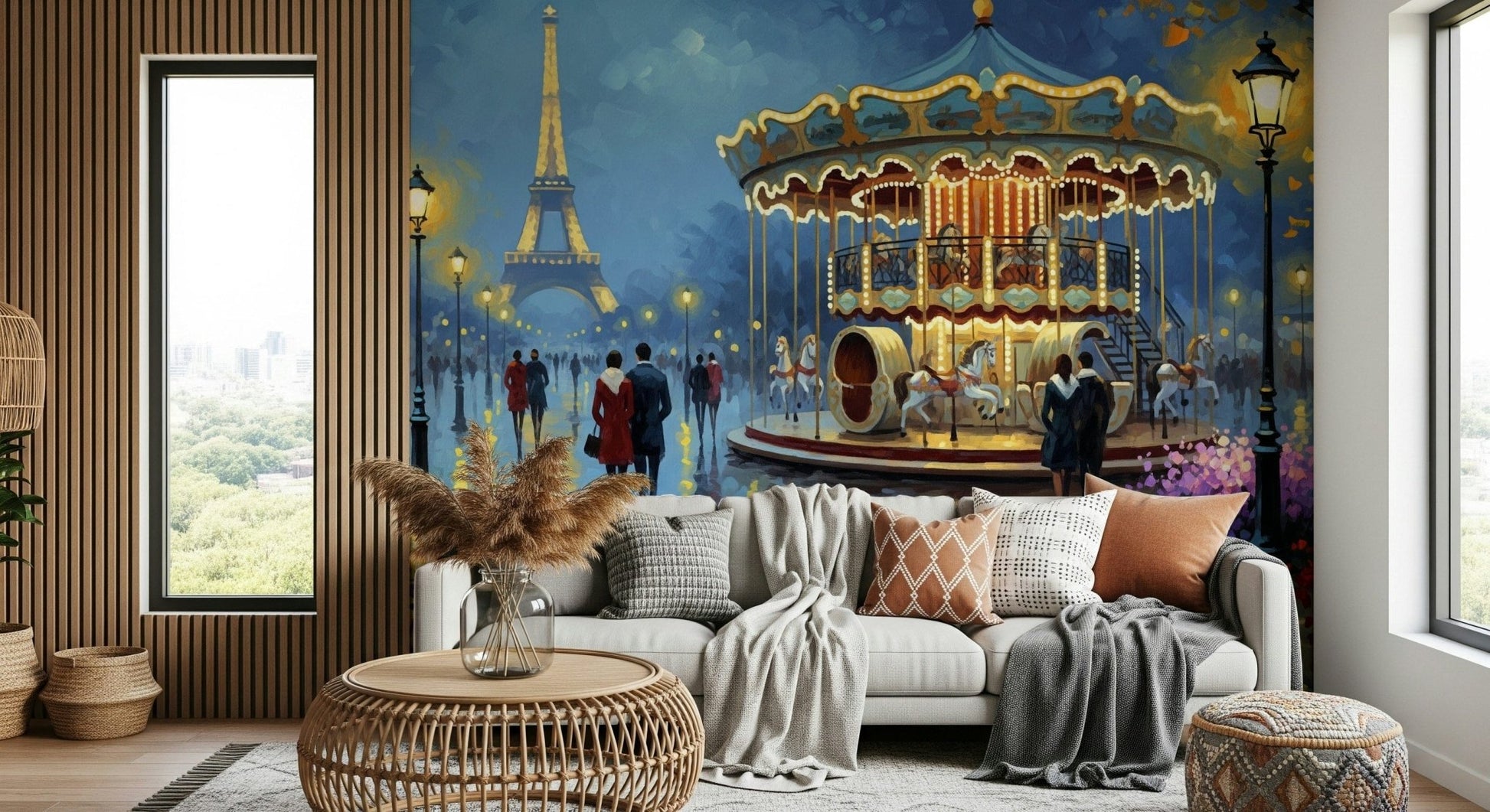 Parisian Carousel Dreams wallpaper mural of a glowing carousel by the Eiffel Tower behind a white sofa in a living room