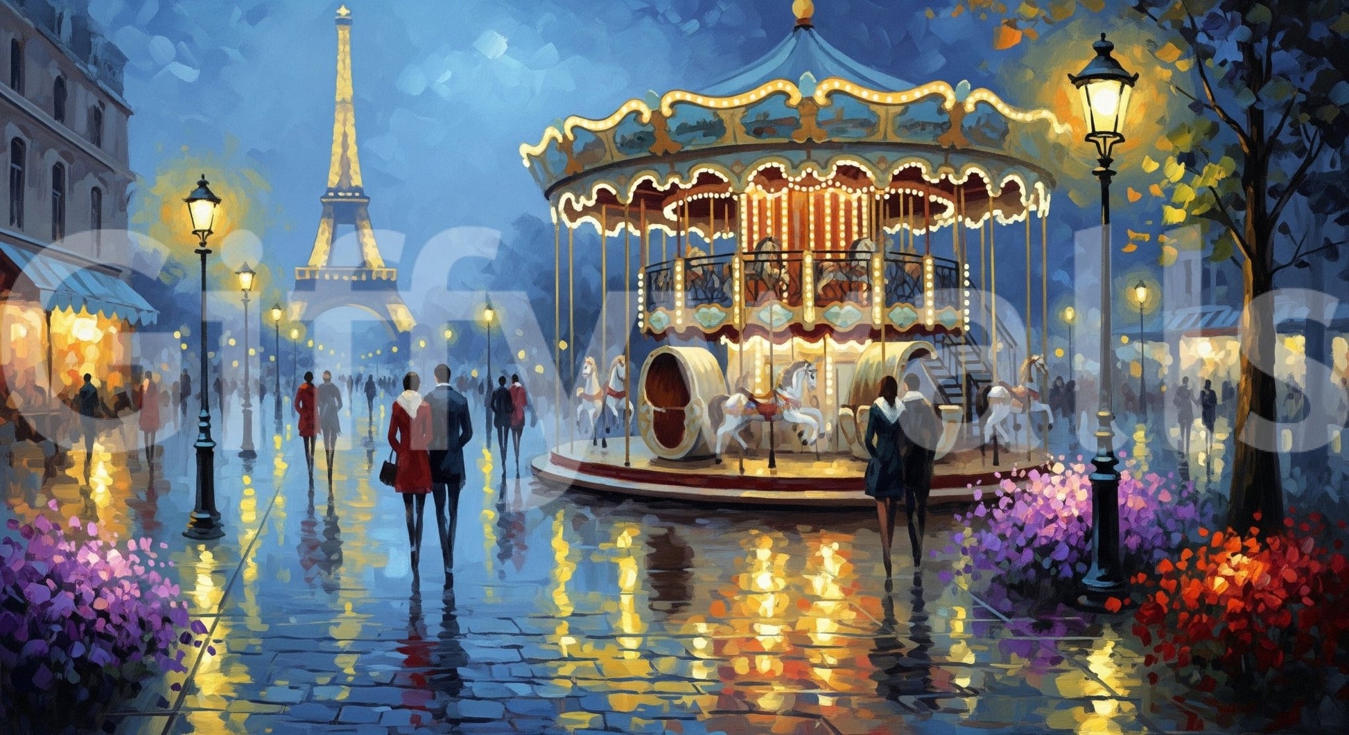 Parisian Carousel Dreams wallpaper mural shown full-wall, an oil-painted carousel glowing by the Eiffel Tower at night