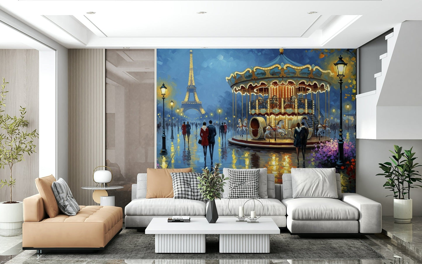 Parisian Carousel Dreams wallpaper mural of a Paris night carousel behind a tan and white sectional sofa in a lounge