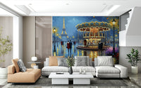 Parisian Carousel Dreams wallpaper mural of a Paris night carousel behind a tan and white sectional sofa in a lounge