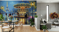 Parisian Carousel Dreams wallpaper mural of a Paris carousel scene behind a dining table and grey sofa lounge