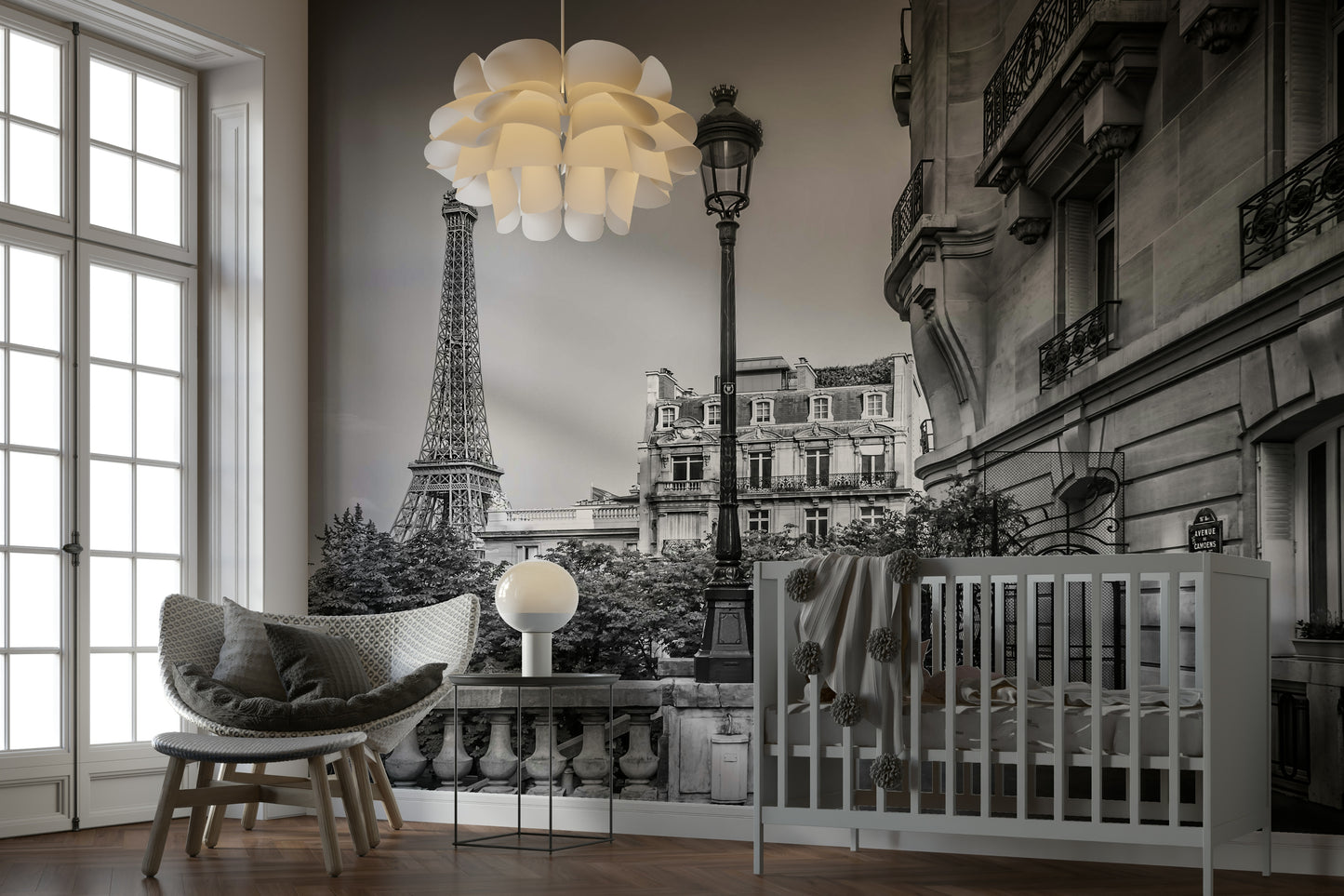 Urban streetscape wallpaper mural in a master suite with white bedding.