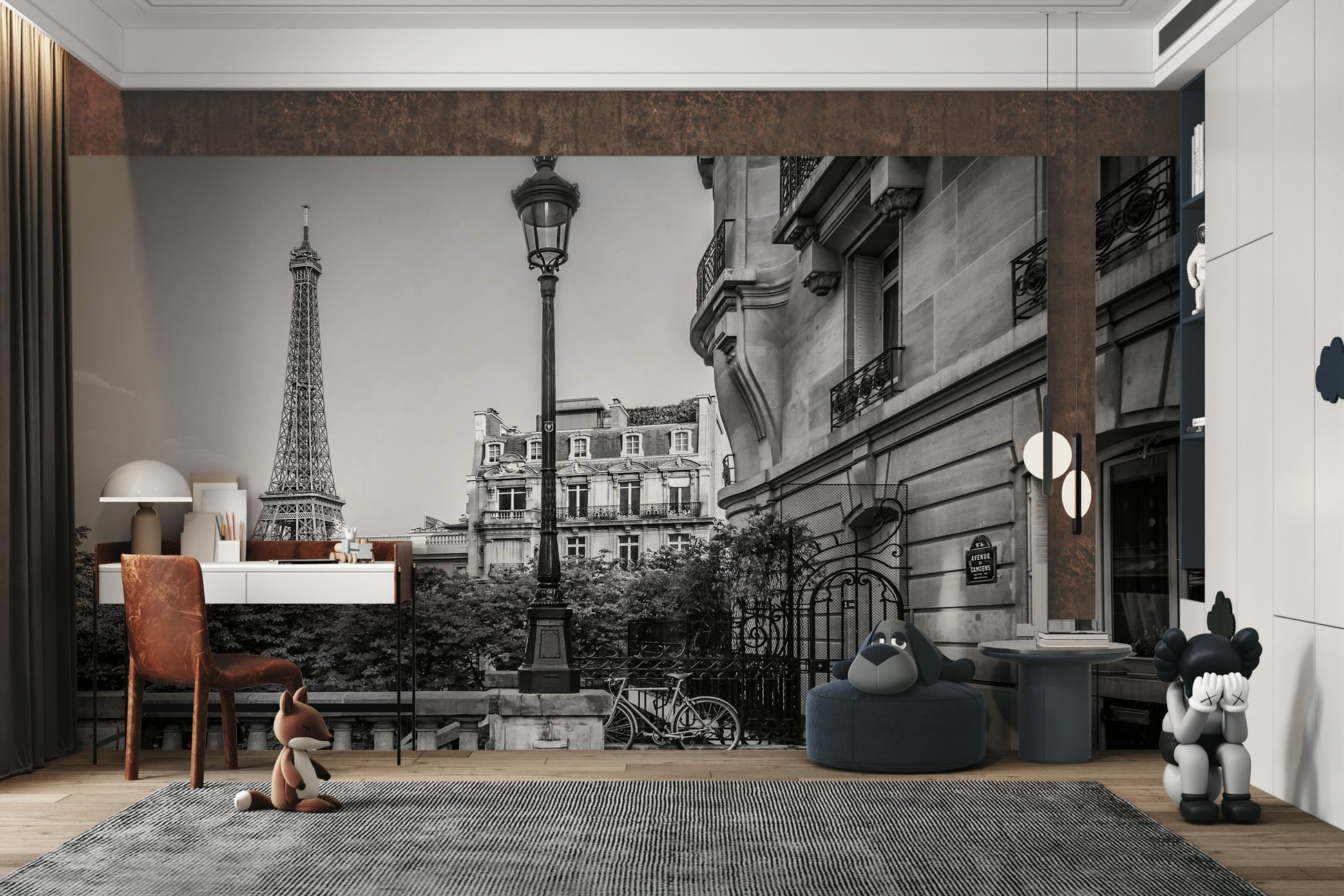 Monochrome architecture wallpaper mural in a sleek home office.