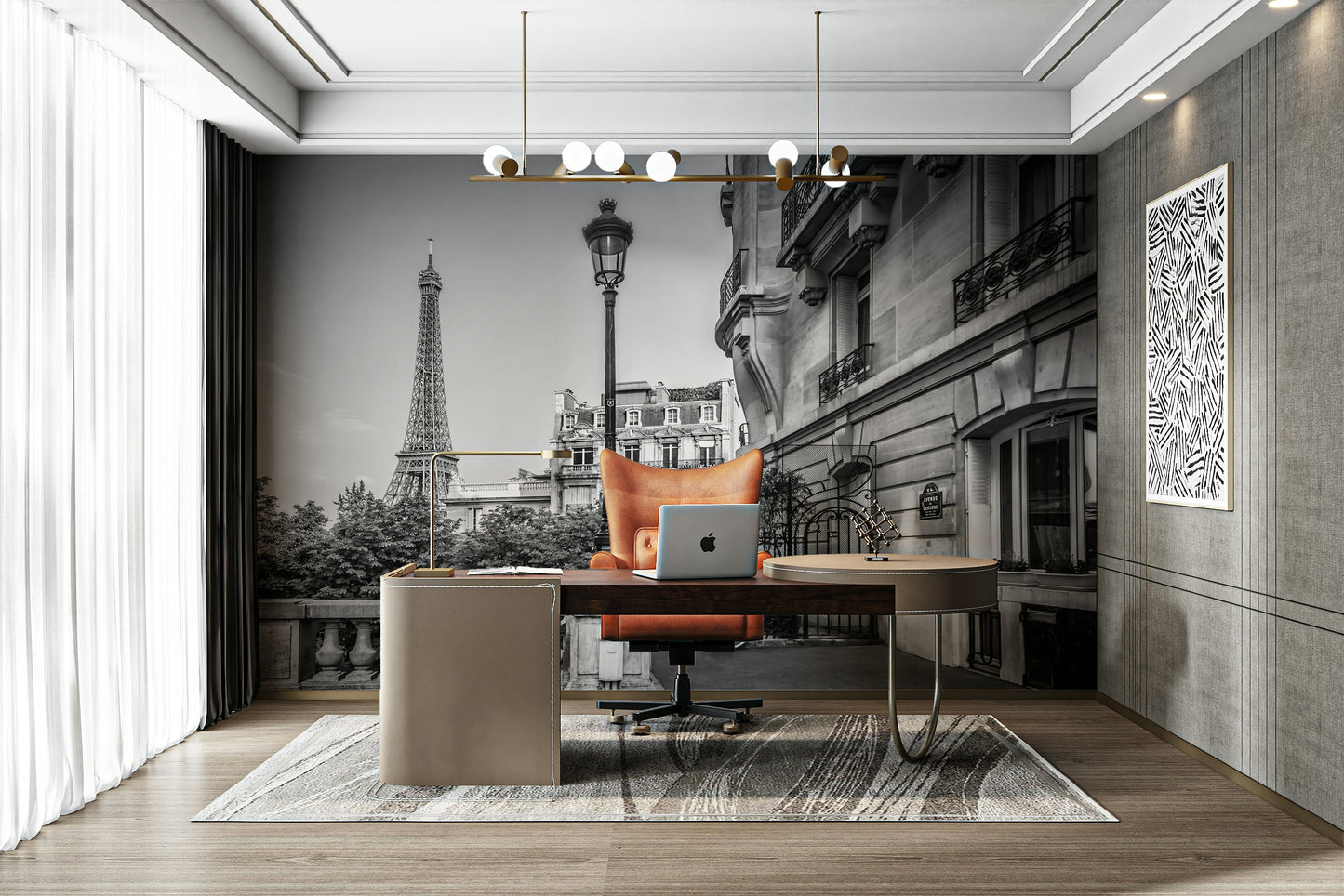 Hand-drawn style city building wallpaper for an urban apartment entry.
