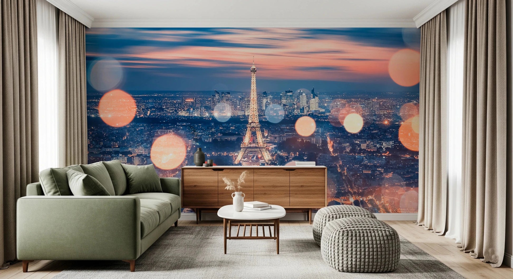 Parisian Lights wallpaper mural of the Eiffel Tower and bokeh behind a green sofa and wood sideboard in a living room