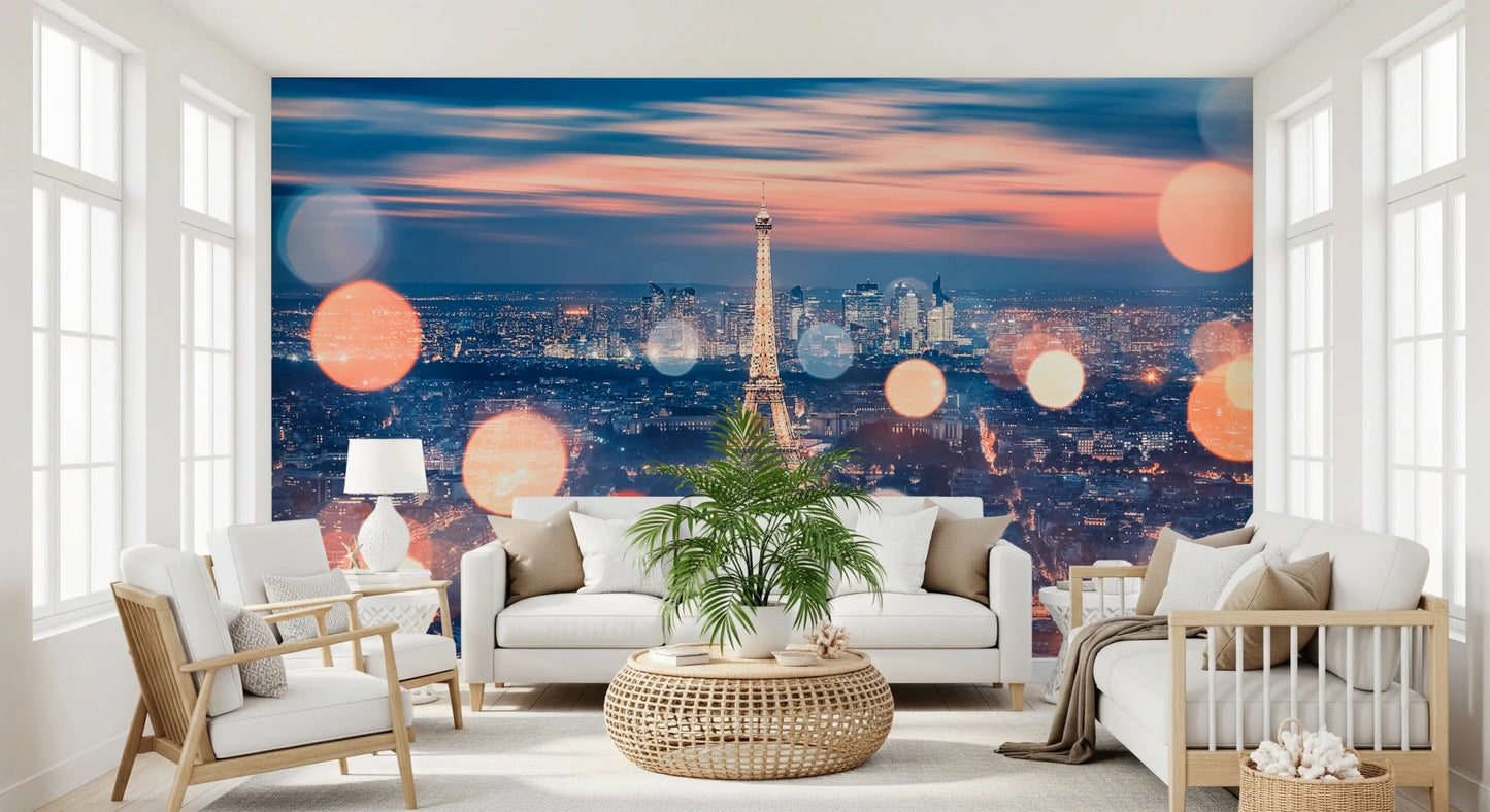 Parisian Lights wallpaper mural showing the Eiffel Tower and glowing bokeh behind a white sofa in a living room