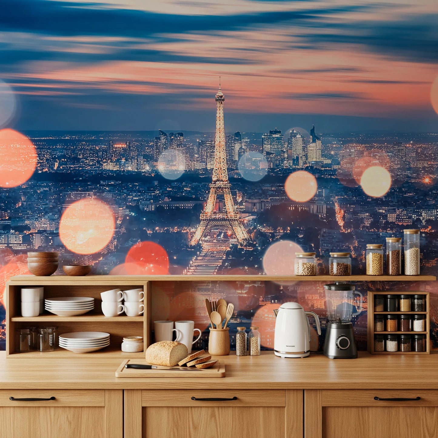 Parisian Lights wallpaper mural of the lit Eiffel Tower above a wood kitchen counter with kettle and dishes