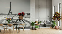 Greyscale city panorama Parisian Love Story mural with splash of ruby color.