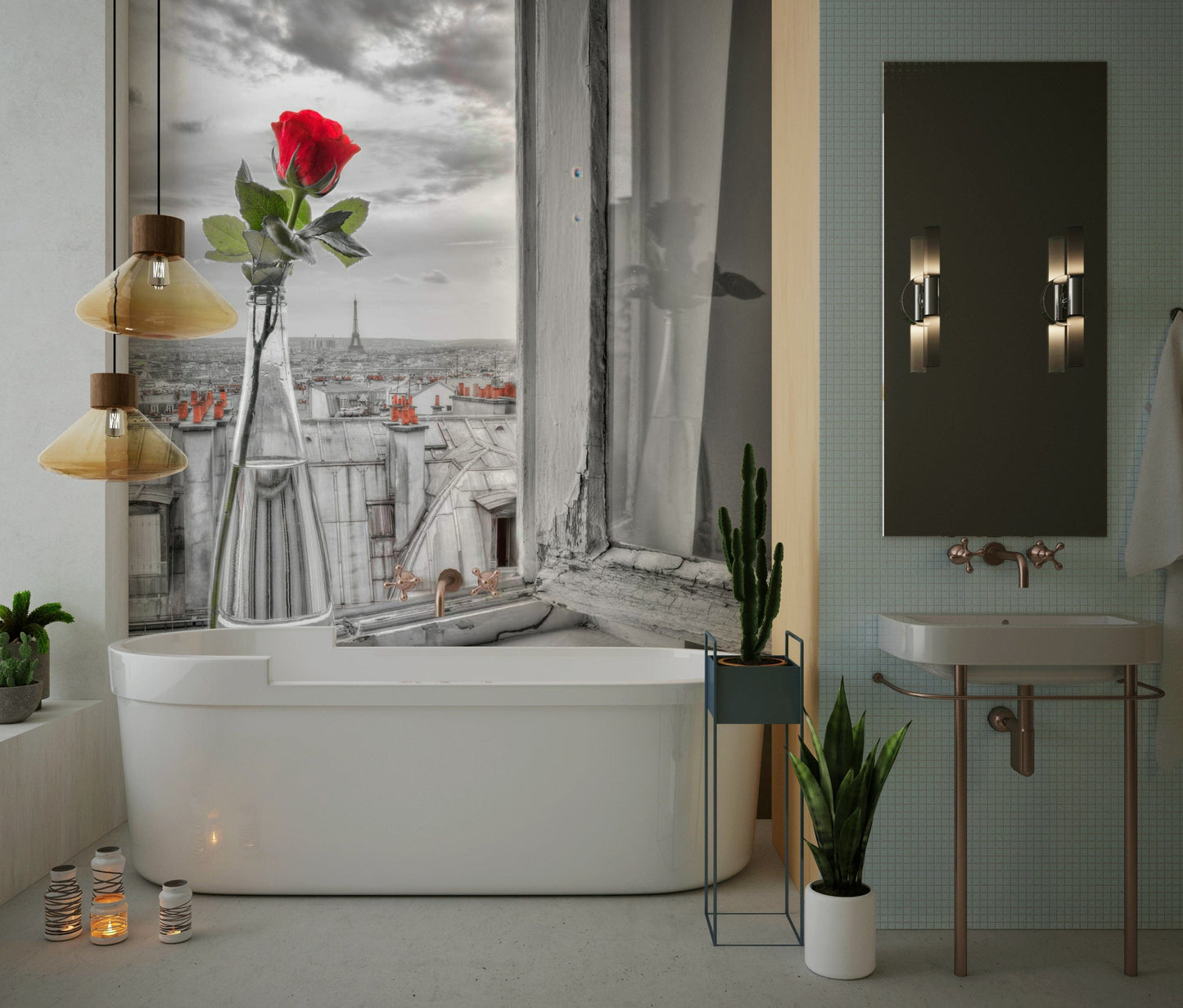 Elegant Parisian Romance peel and stick wallpaper shows rooftop chimneys background.