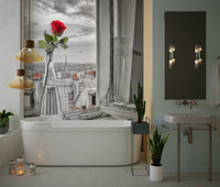 Elegant Parisian Romance peel and stick wallpaper shows rooftop chimneys background.