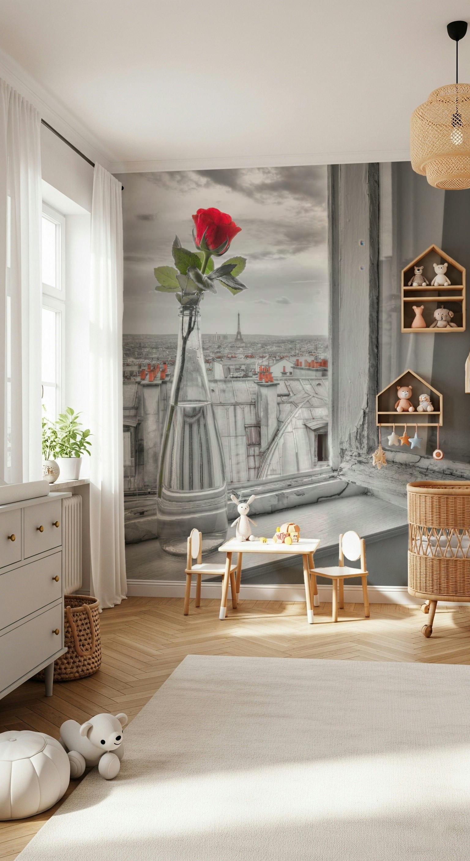 Grayscale Parisian Romance wallpaper mural highlights lonely crimson blossom on sill.