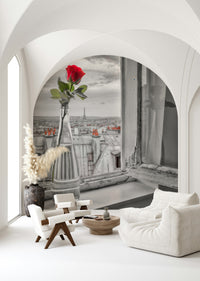 Noir cityscape Parisian Romance peel and stick wallpaper featuring scarlet rose.