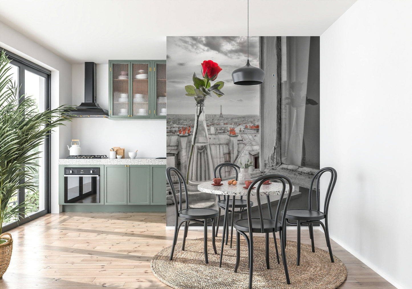 Red flower Parisian Romance wallpaper mural overlooks cloudy French rooftops.