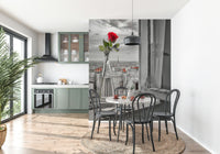 Red flower Parisian Romance wallpaper mural overlooks cloudy French rooftops.