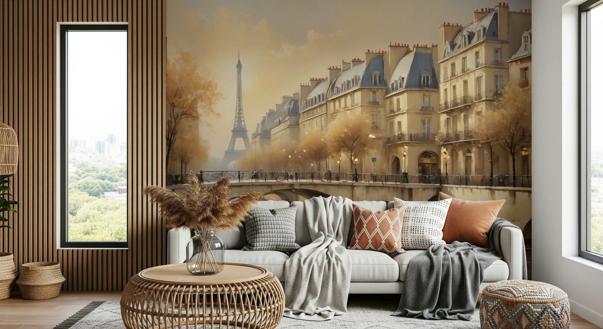 Elegant hand-drawn city mural in a nursery with light wood furniture and cream accents.