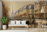 Chic apartment entryway featuring a black and white Paris streetscape wall mural.