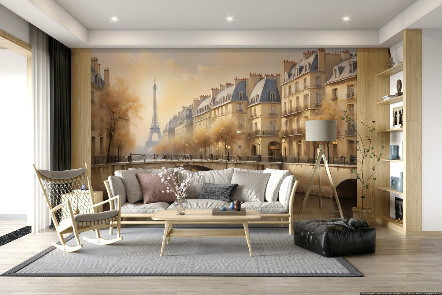 Sophisticated wall decor showing a vintage French cafe scene in a light-filled studio.