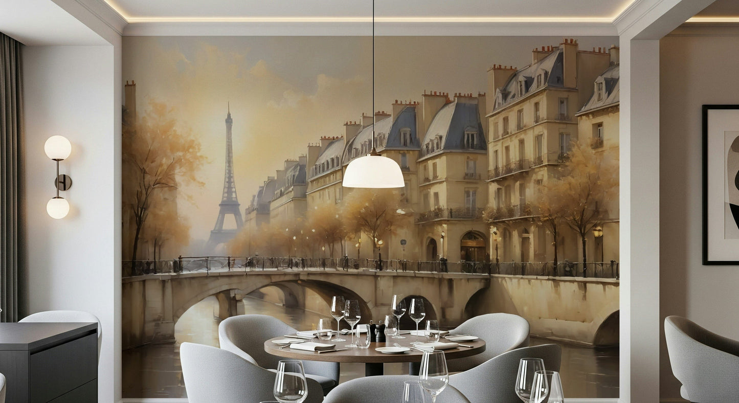 Matte finish wallpaper depicting a quiet Paris alleyway in a modern lounge area.