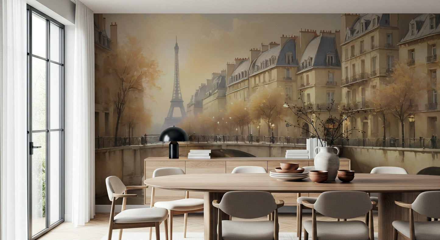 Monochrome urban landscape mural applied to a large accent wall in a luxury apartment.