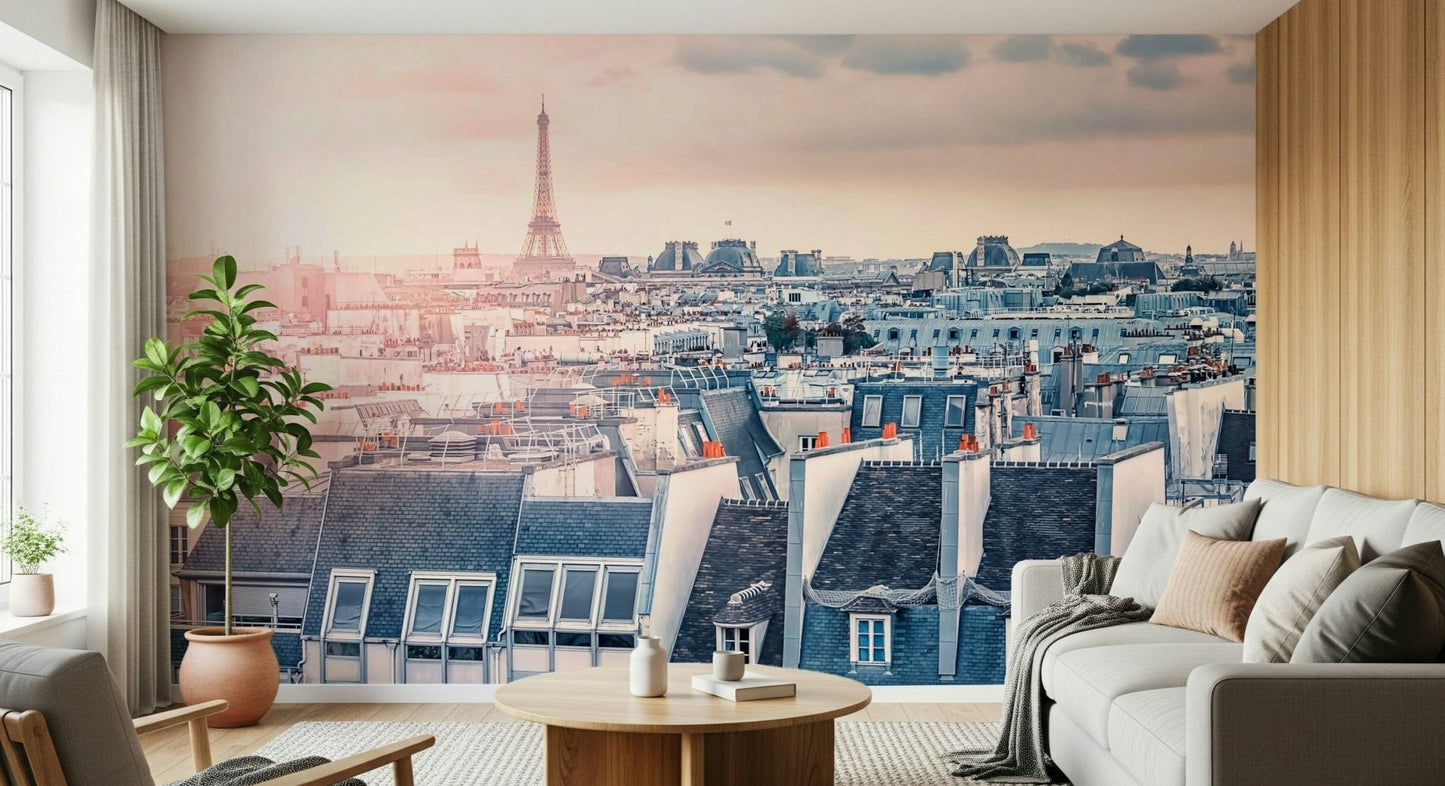 Cityscape wallpaper mural rooftops Eiffel Tower light