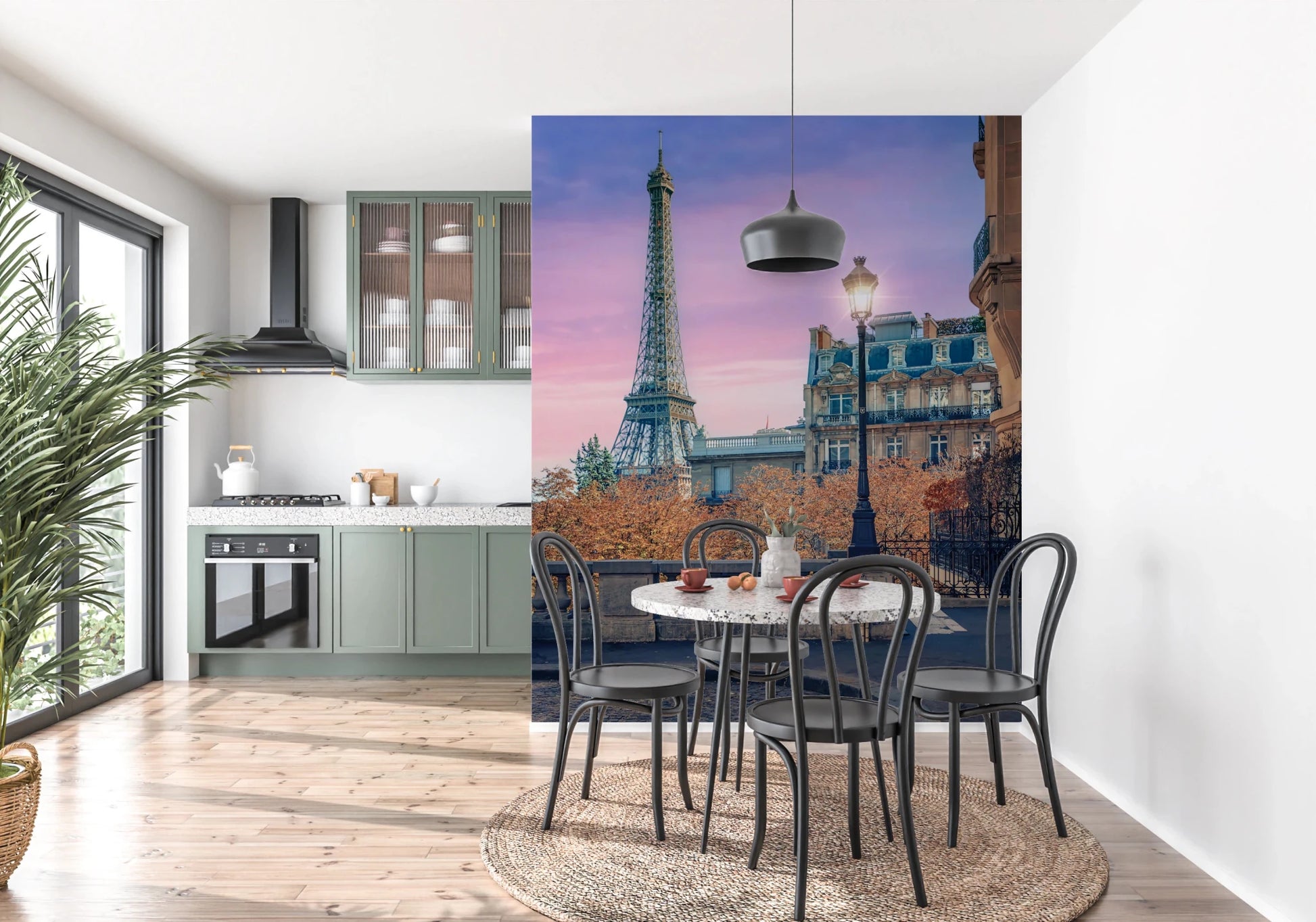 Parisian Twilight wallpaper mural of the Eiffel Tower at dusk behind a terrazzo dining table and black bentwood chairs