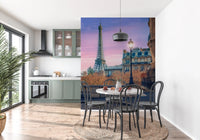 Parisian Twilight wallpaper mural of the Eiffel Tower at dusk behind a terrazzo dining table and black bentwood chairs