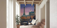 Parisian Twilight wallpaper mural with Eiffel Tower at sunset beside a white sheepskin chair in a tiled sunroom