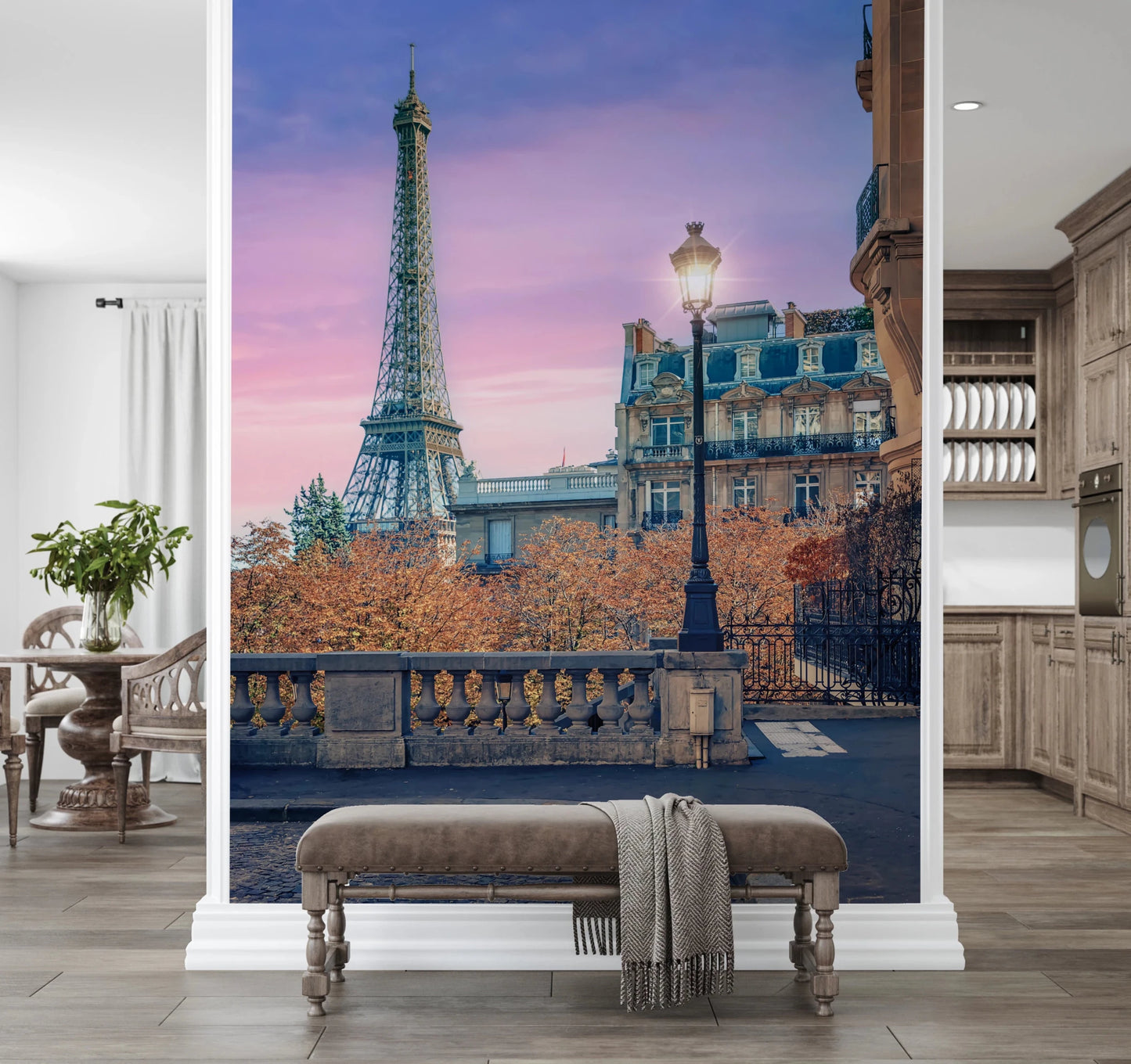 Parisian Twilight wallpaper mural with Eiffel Tower and street lamp at sunset above an upholstered entryway bench