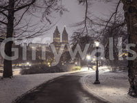 Twin towers buildings background Park Path at Night wallpaper decor