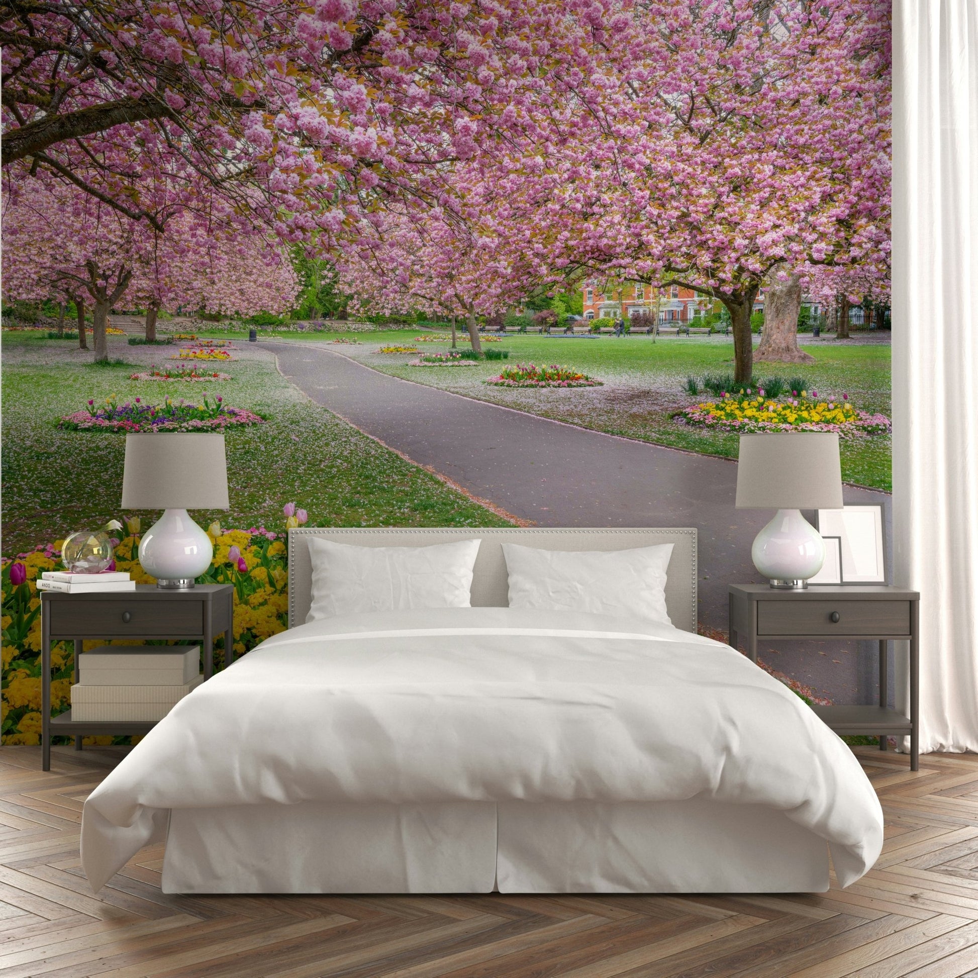 Serene park wallpaper with flowering trees

