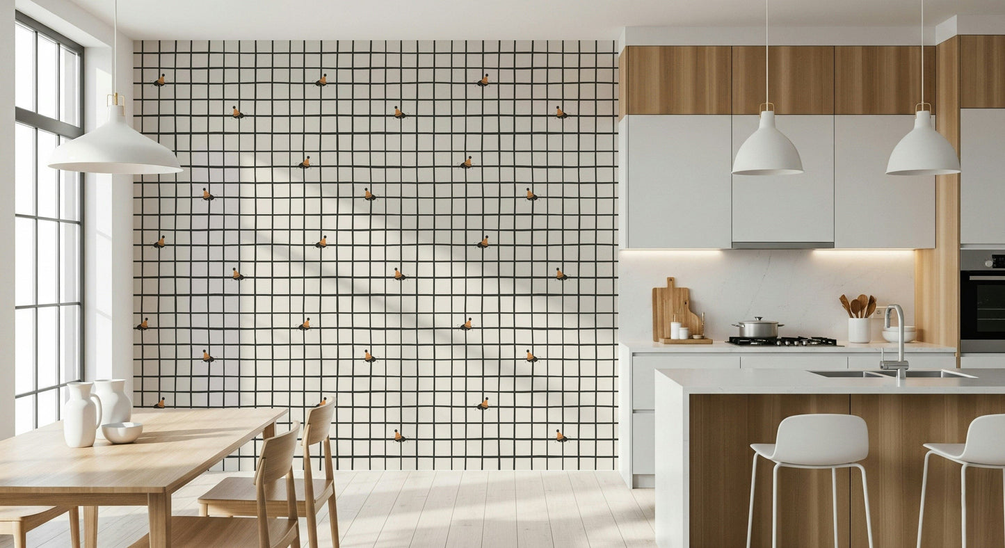 Whimsical insects dancing across a cheerful grid wallpaper design.