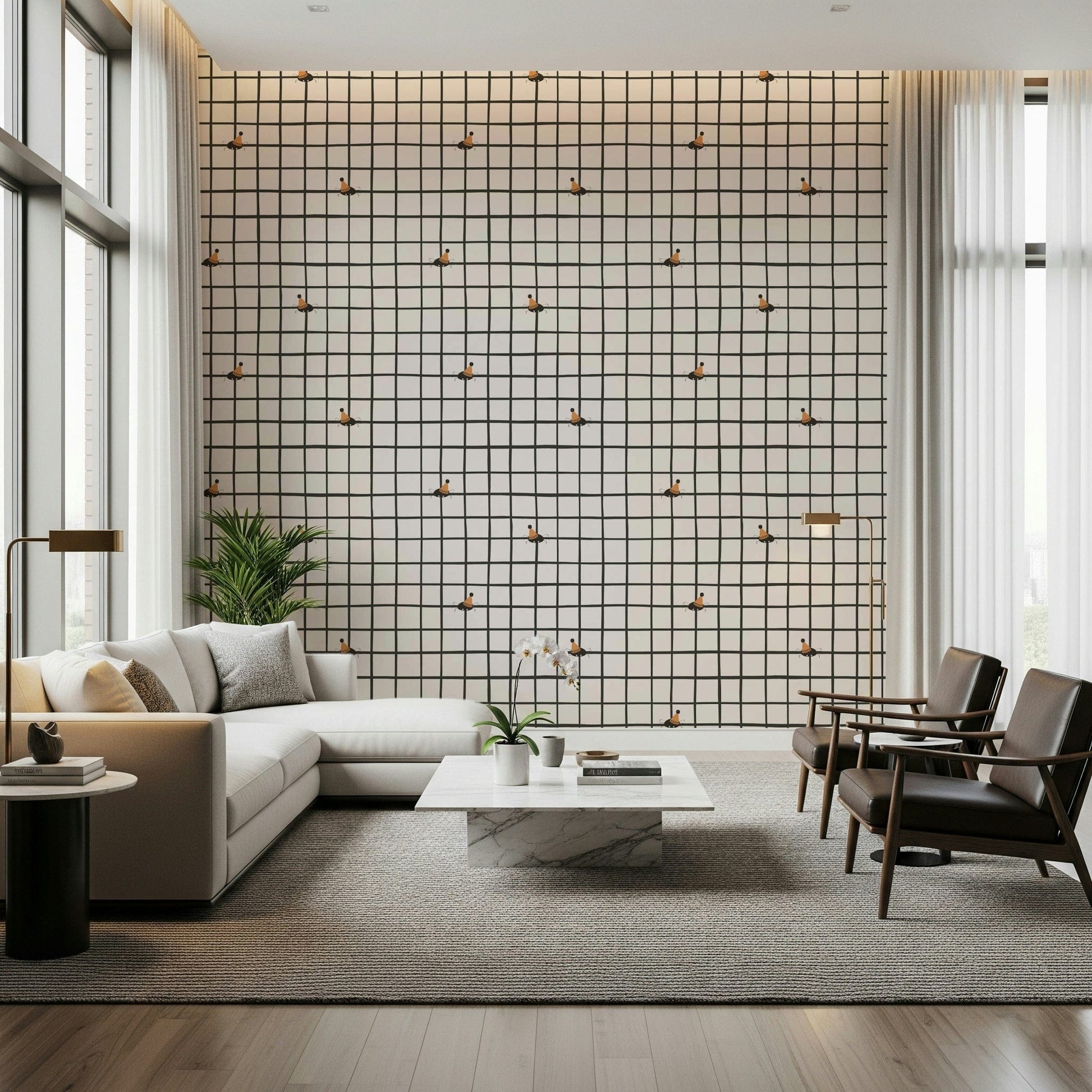 Lively party bugs decorating a structured grid backdrop.