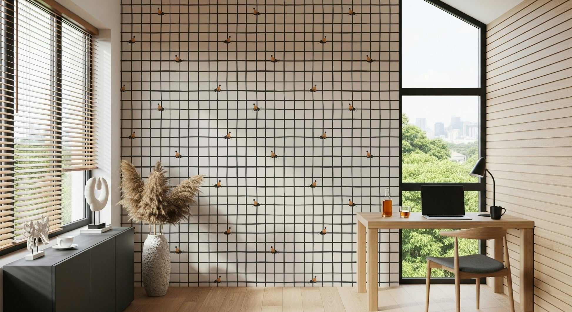 Playful bug illustrations with confetti elements over a simple grid.