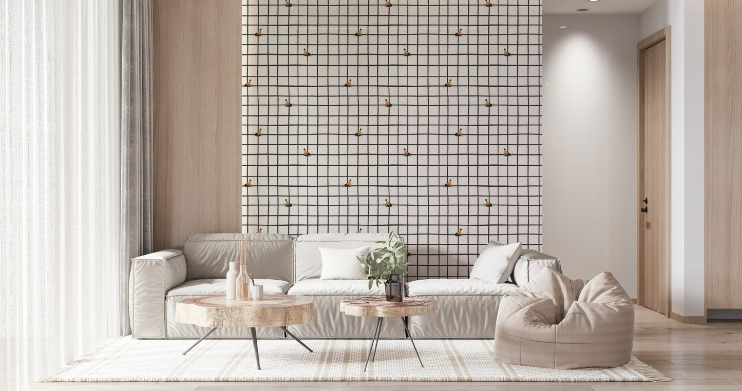 Friendly cartoon insects enjoying a party on a pastel grid design.