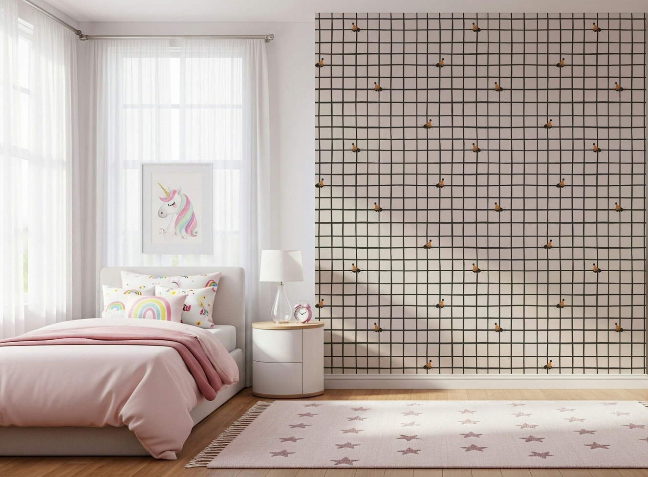 Colorful party bugs arranged on a playful grid pattern.