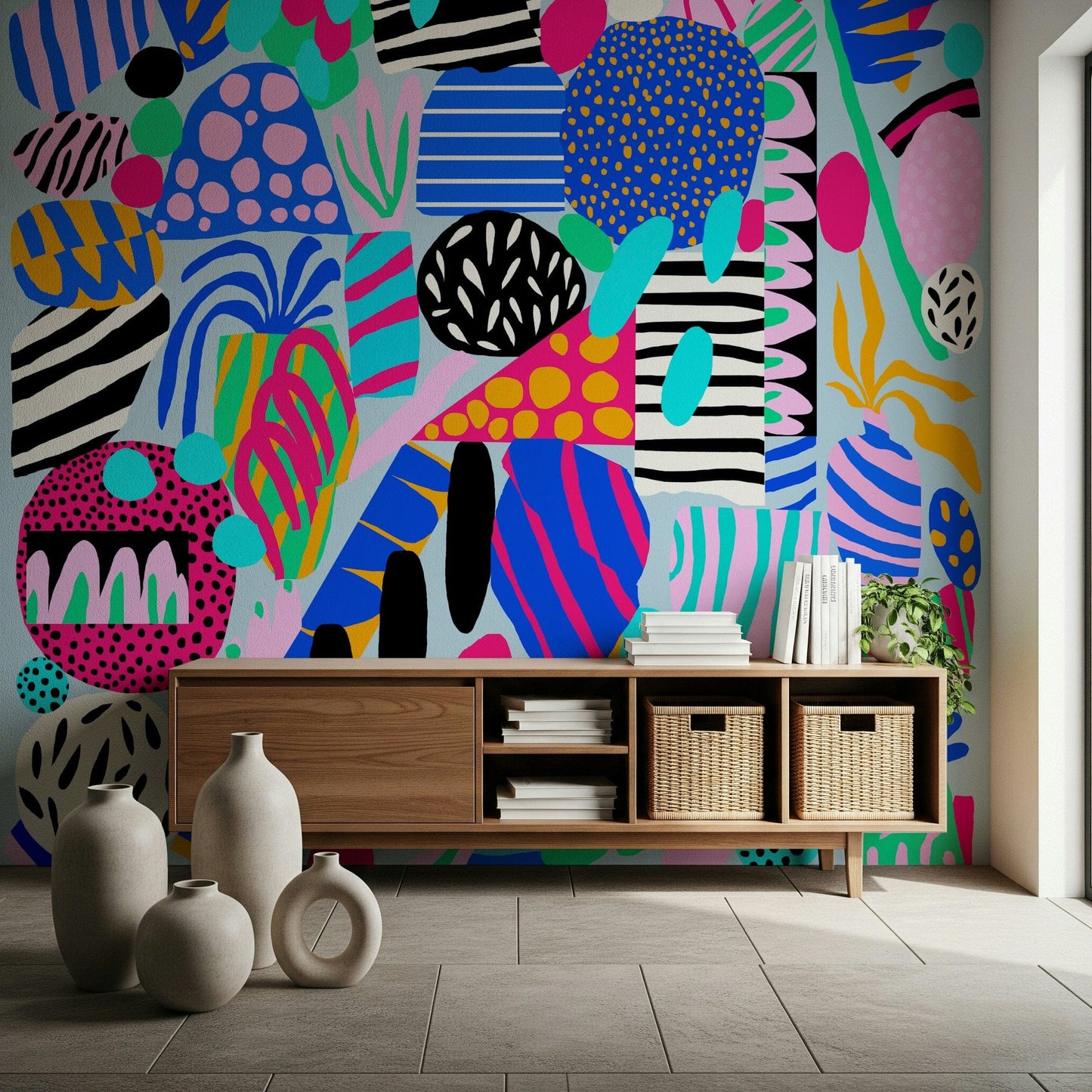Colorful abstract shapes layered with stripes and dots create a fun, upbeat party wallpaper look.
