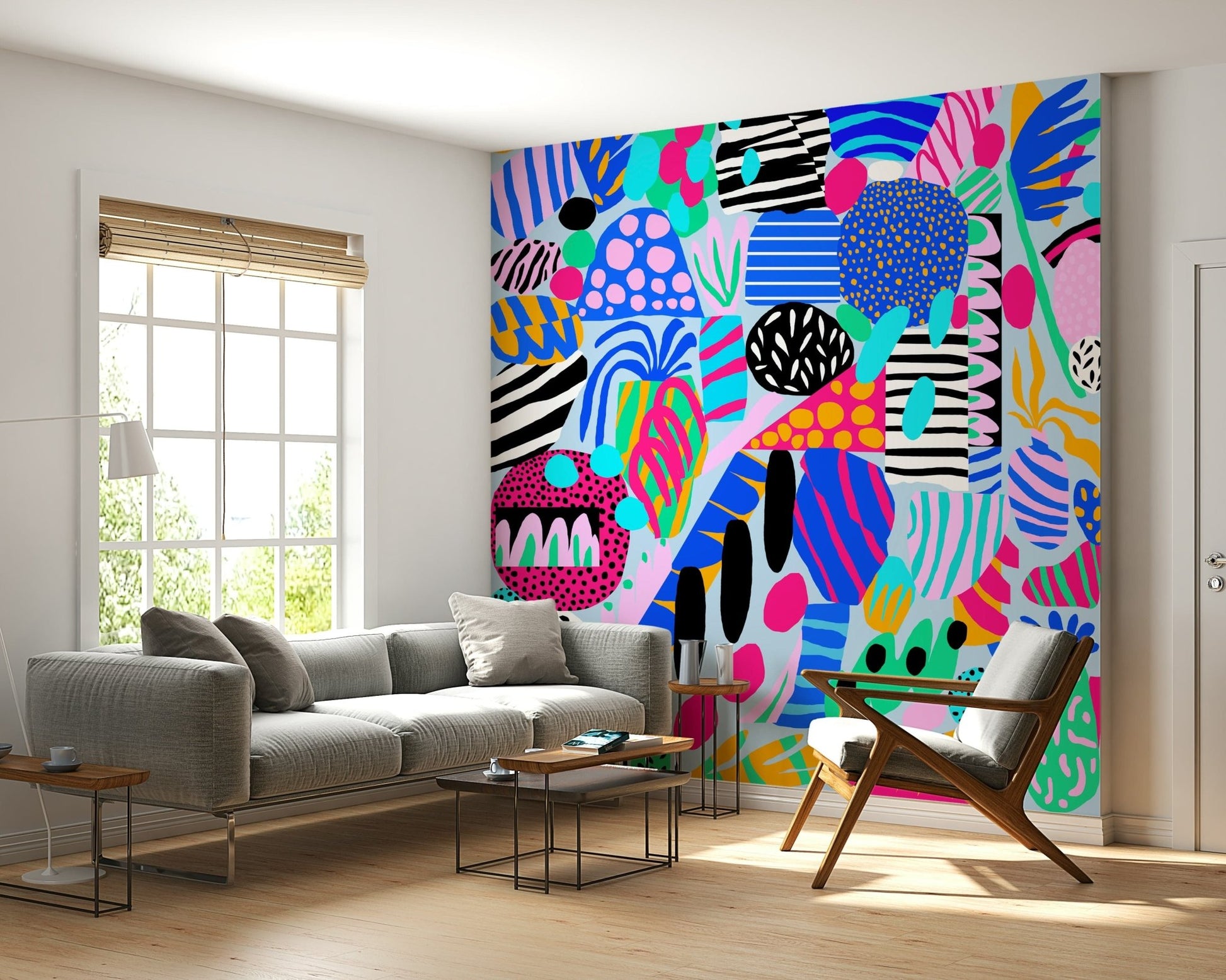 A lively wallpaper showcasing bold geometric and organic forms in a joyful mix of colors.