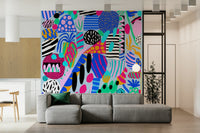 A joyful wallpaper bursting with vibrant abstract forms and playful pattern combinations.