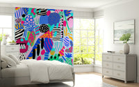 Energetic wallpaper featuring bold multicolored forms, dots, and stripes in a lively abstract style.