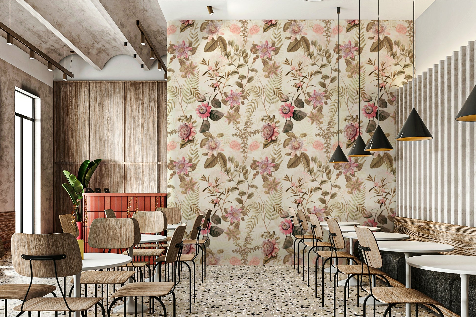Detailed view of colorful passionflowers in wall mural.


