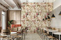 Detailed view of colorful passionflowers in wall mural.


