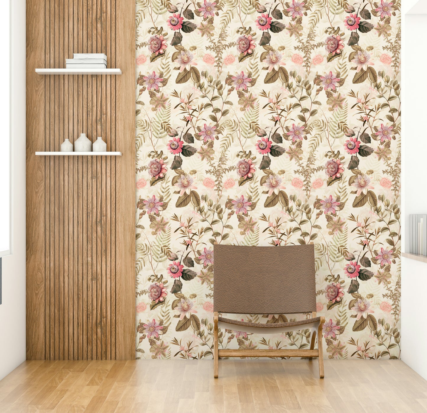 Rich floral design featuring passionflowers and lush leaves.

