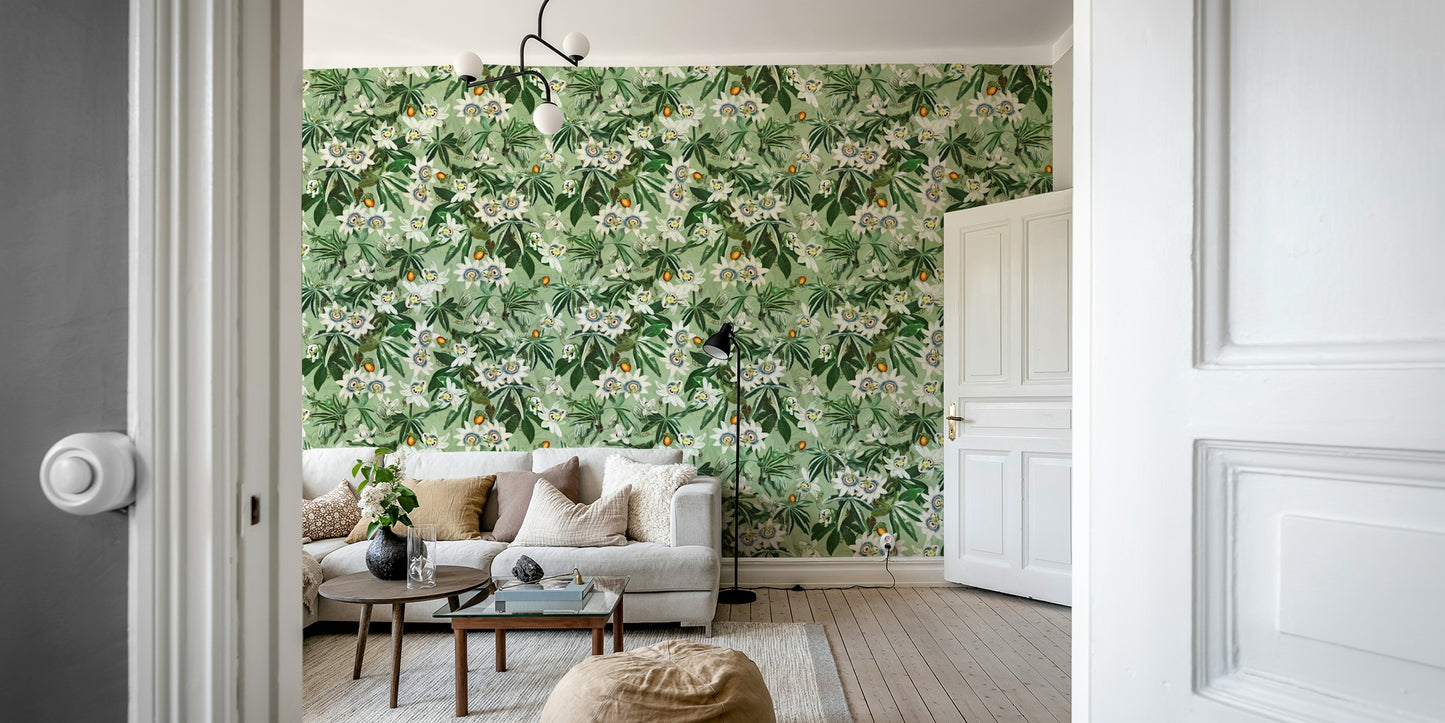 Rich, colorful floral mural with vibrant passionflowers and leaves.

