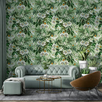 Exotic floral wall mural with rich passionflowers and detailed vines.

