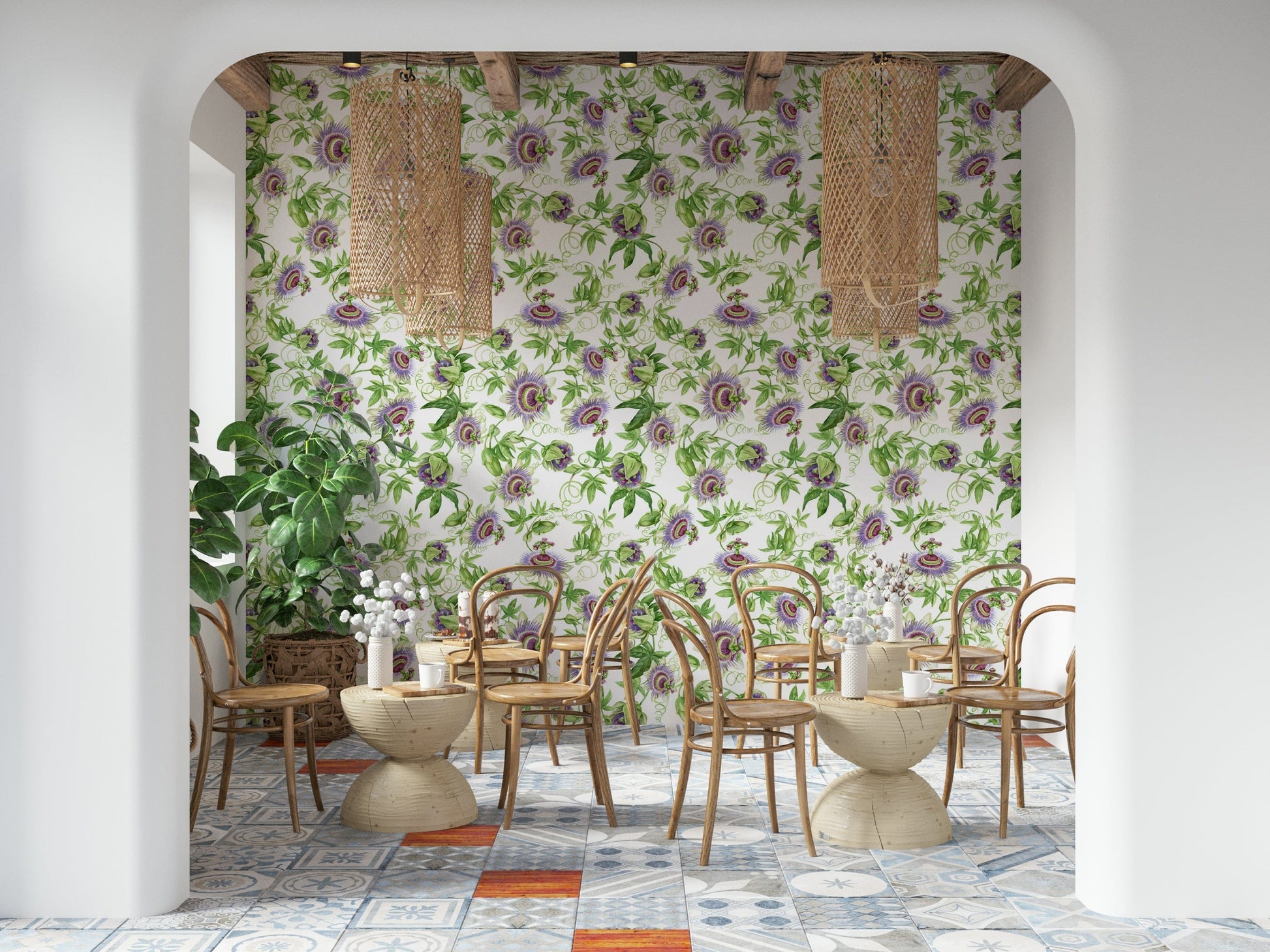 Seamless botanical Passionflower Dream wallpaper for walls.