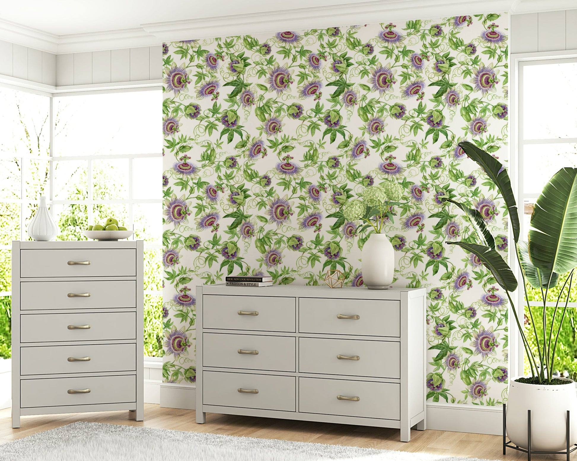 Watercolor Passionflower Dream wall mural vine illustration.